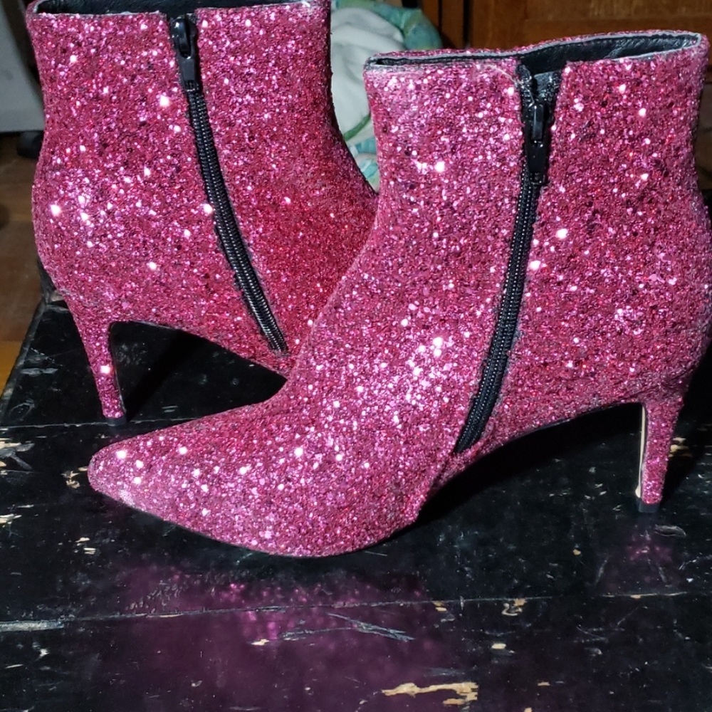 Unworn glittery pink high heeled ankle boots